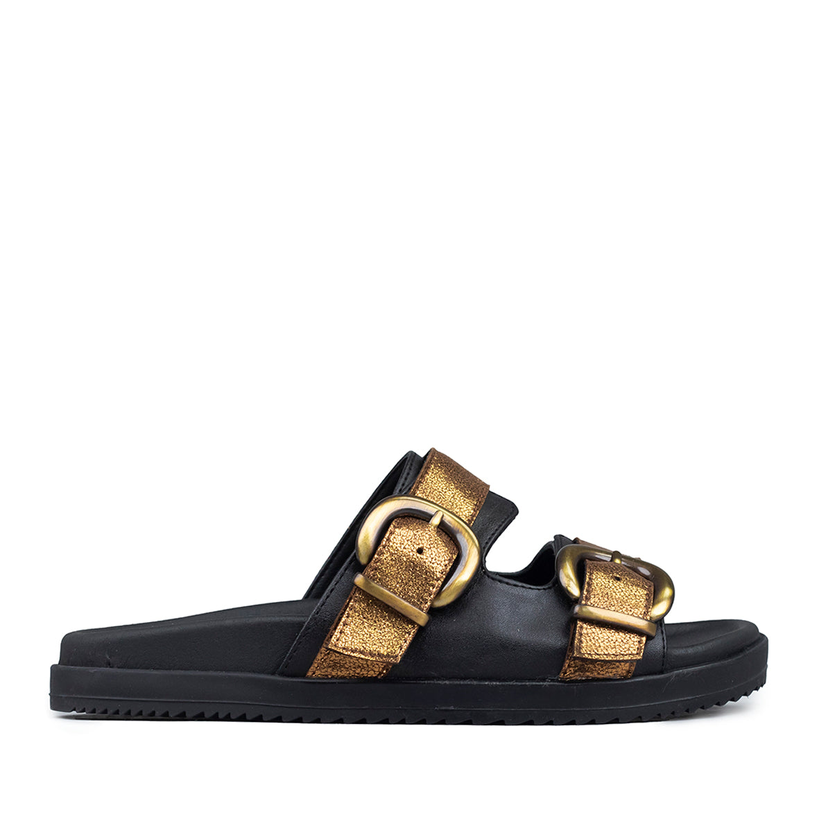 Amelie Vegan Black + Bronze Flat Sandal by Esska