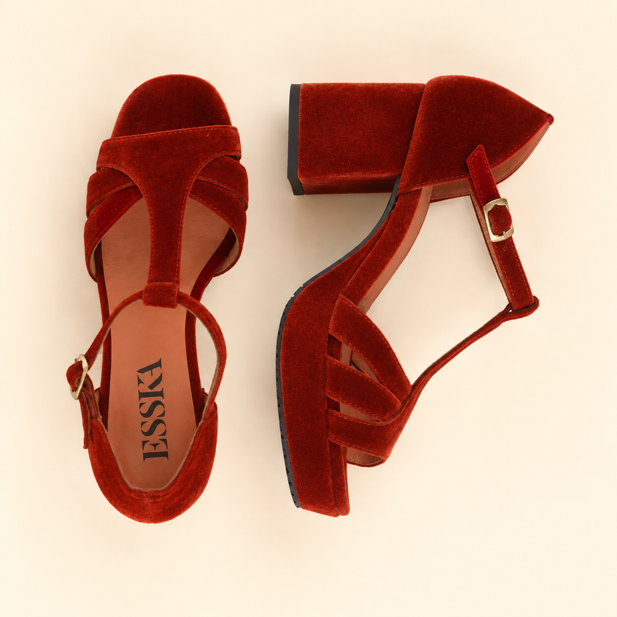 Cam WIDE Velvet Burnt Orange Mid Sandal by Esska