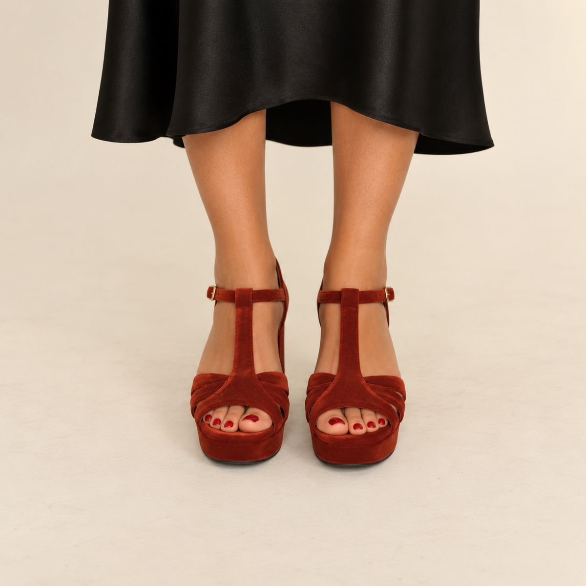 Cam WIDE Velvet Burnt Orange Mid Sandal by Esska
