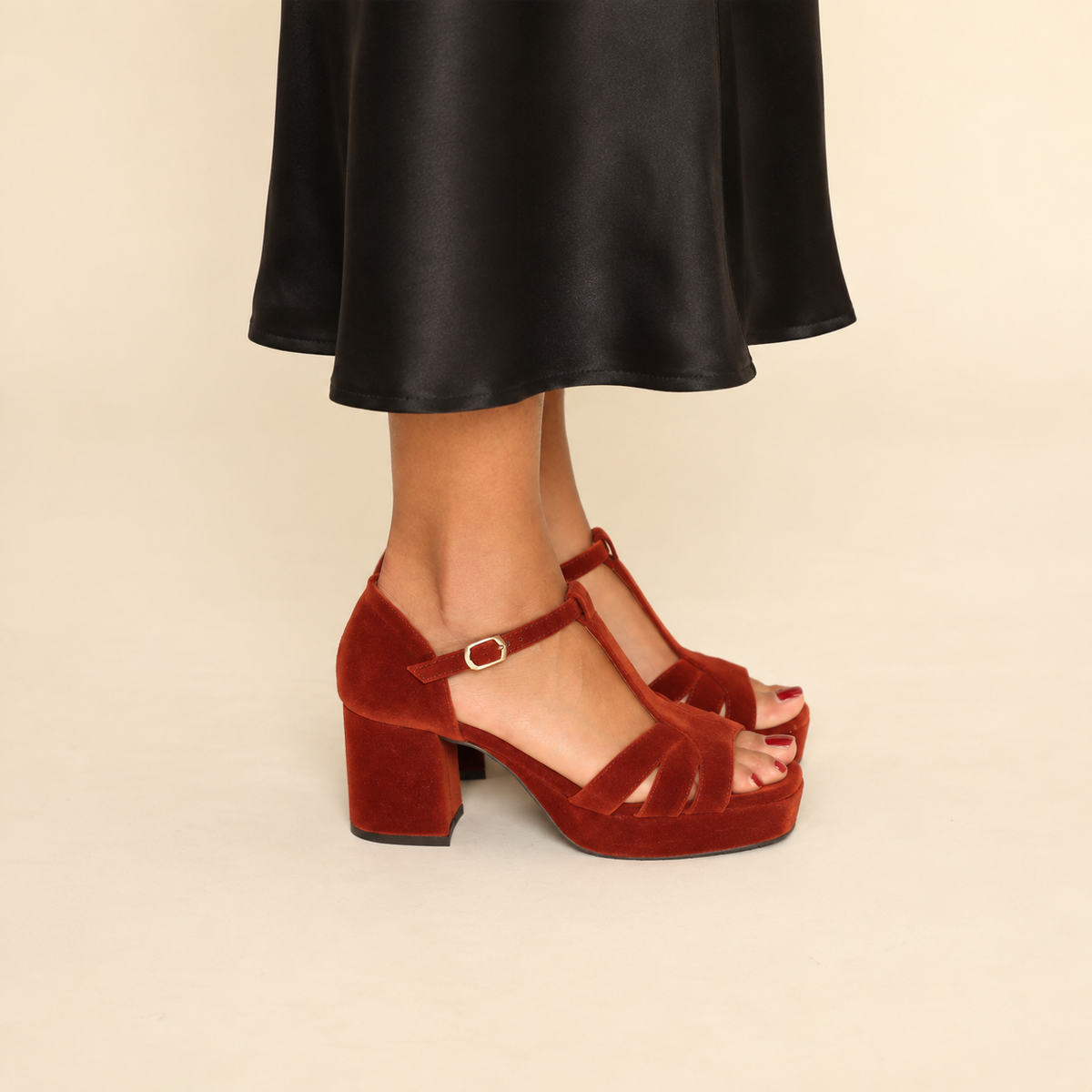 Cam WIDE Velvet Burnt Orange Mid Sandal by Esska