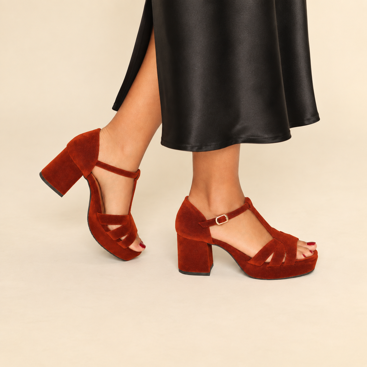 Cam WIDE Velvet Burnt Orange Mid Sandal by Esska