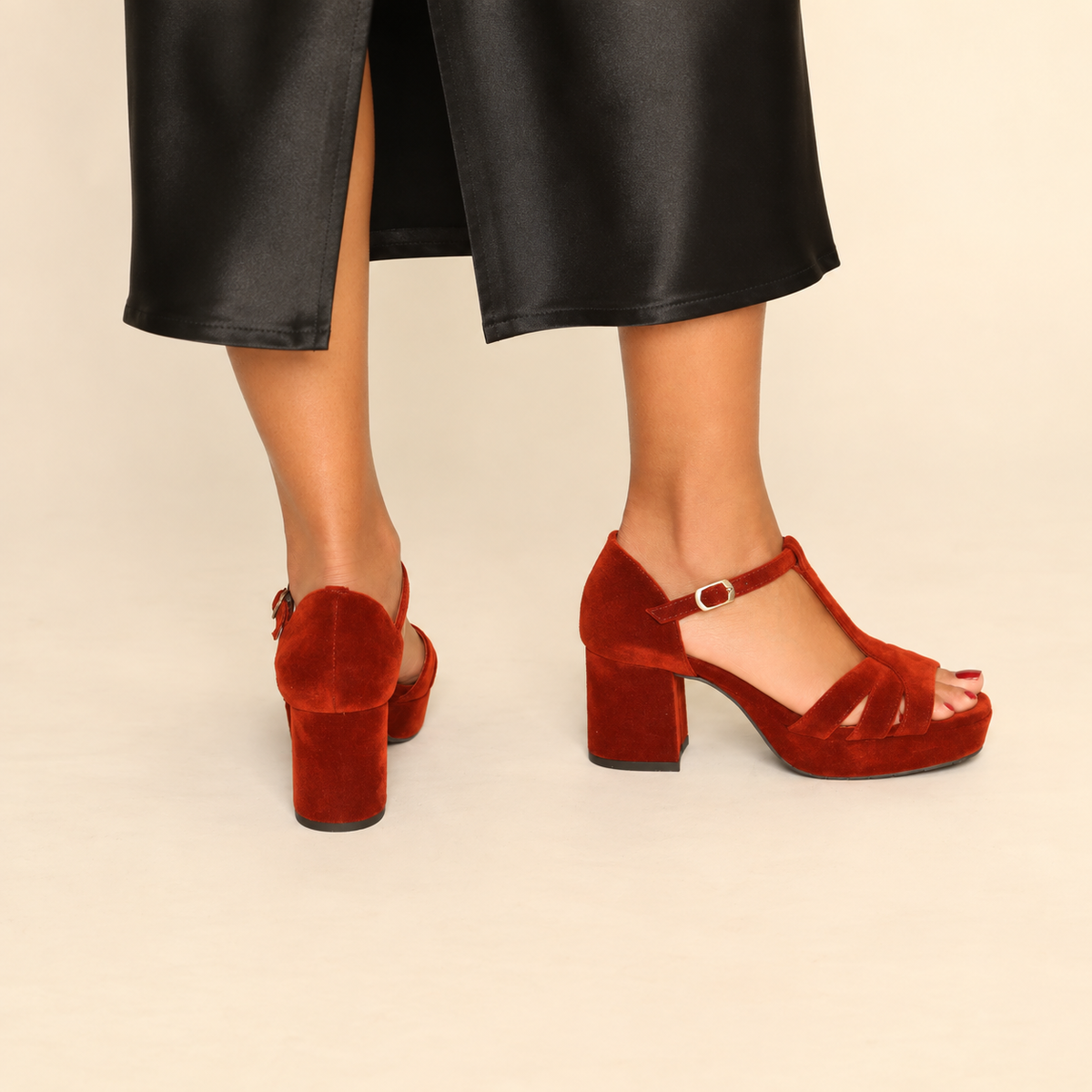 Cam WIDE Velvet Burnt Orange Mid Sandal by Esska