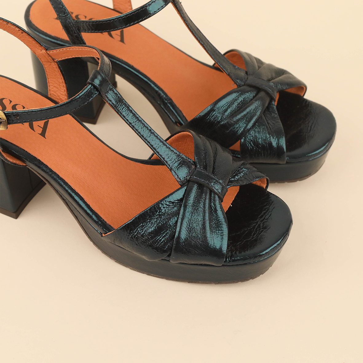 Celia Metallic Teal Mid Sandal by Esska