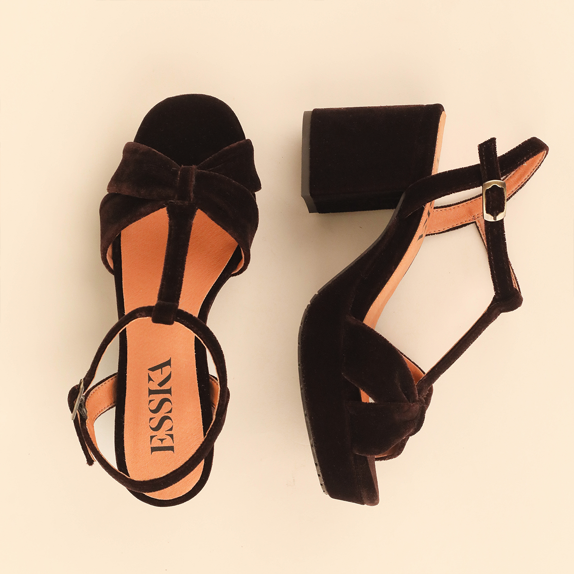 Celia Velvet Dark Brown Mid Sandal by Esska