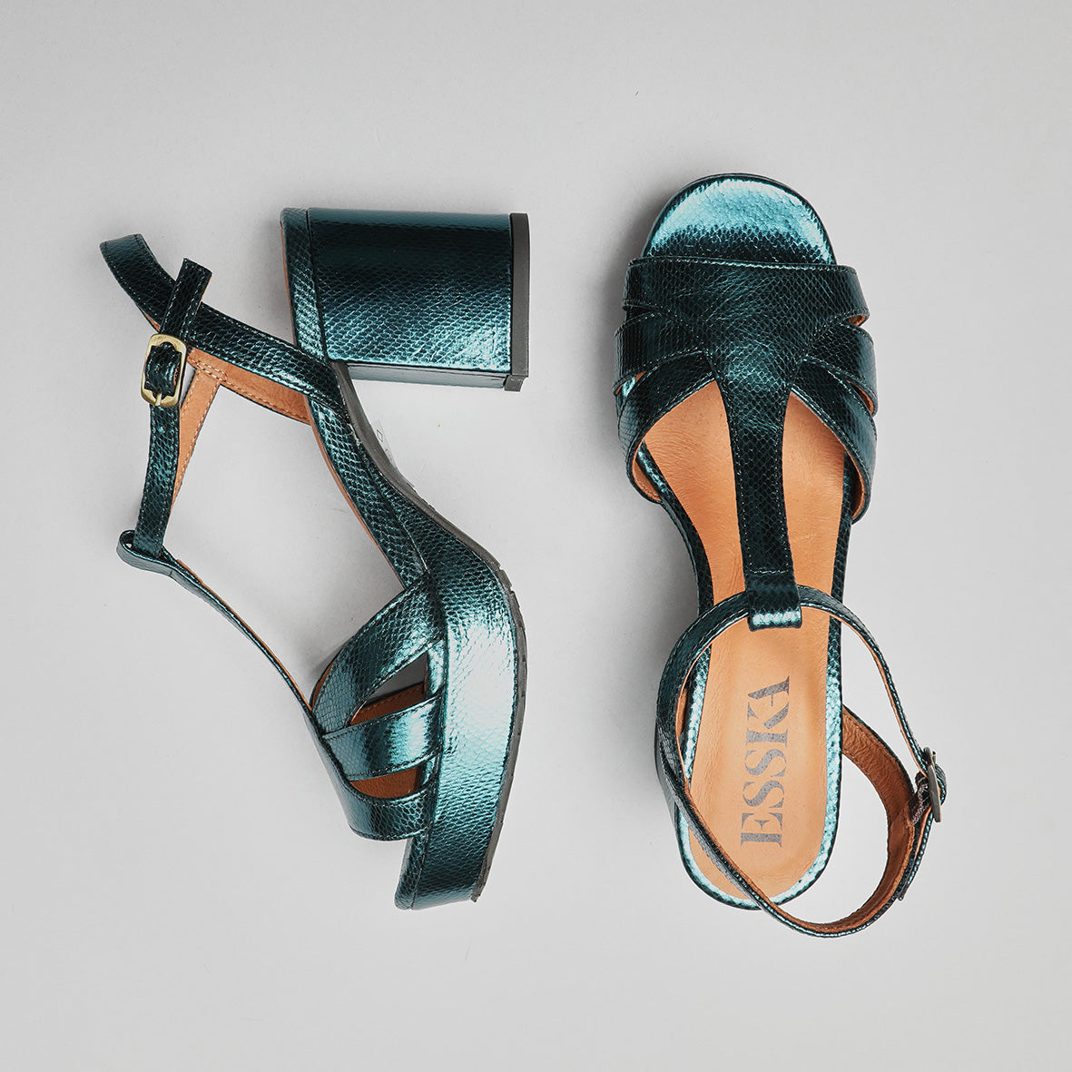 Charlie Metallic Teal Mid Sandal by Esska Shoes Ltd