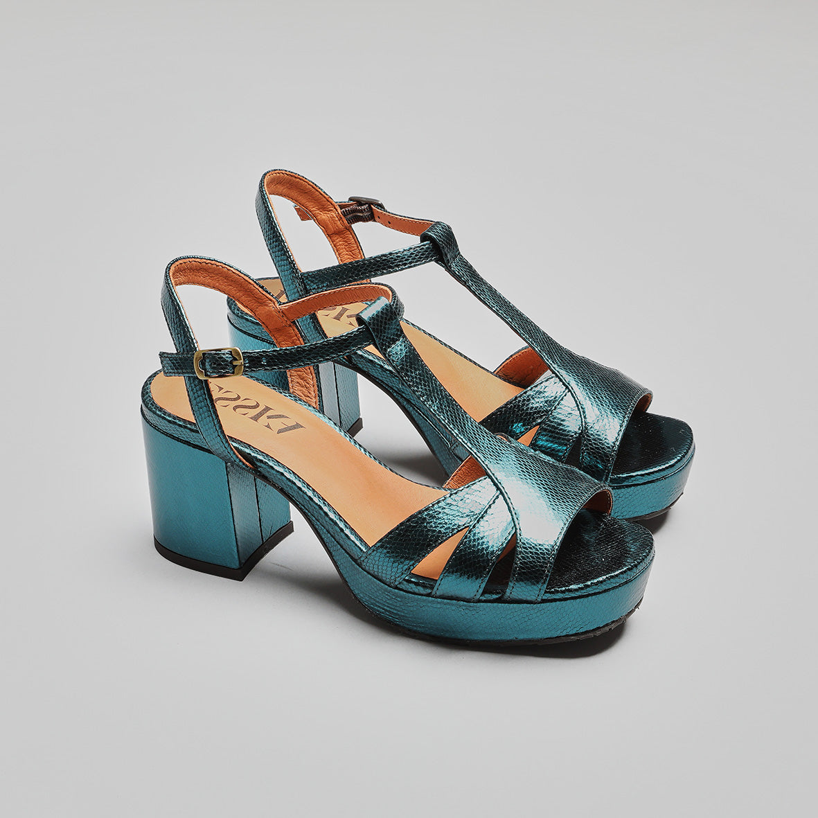 Charlie Metallic Teal Mid Sandal by Esska Shoes Ltd
