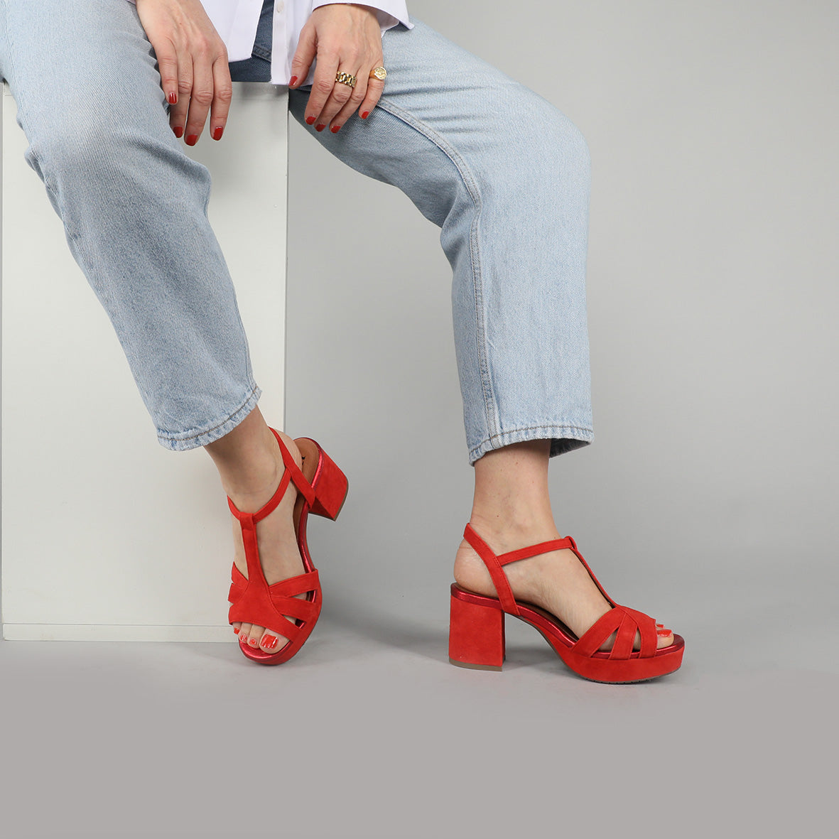 Charlie WIDE Red Suede Mid Sandal by Esska