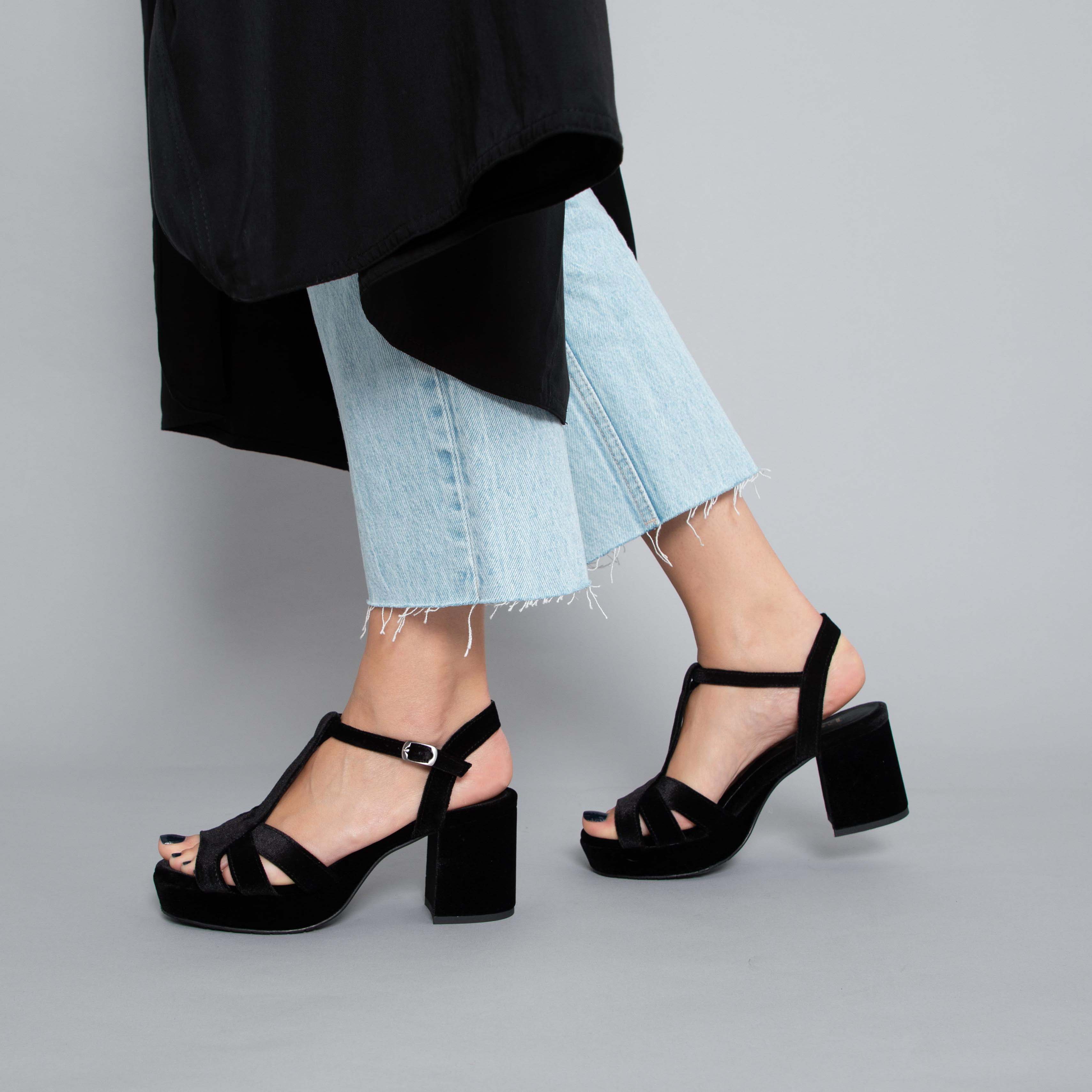 Charlie WIDE Velvet Black Mid Sandal by Esska