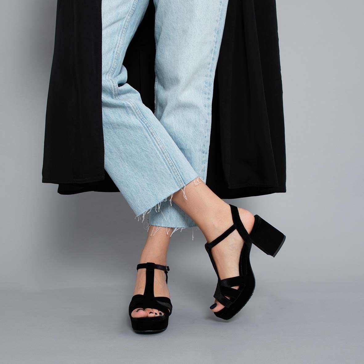 Charlie WIDE Velvet Black Mid Sandal by Esska
