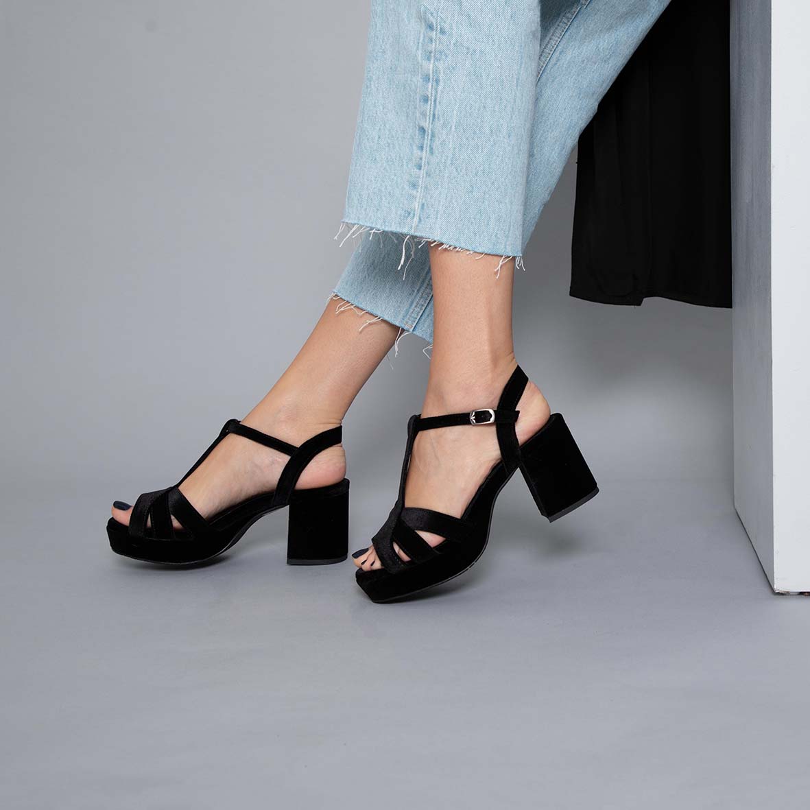Charlie WIDE Velvet Black Mid Sandal by Esska