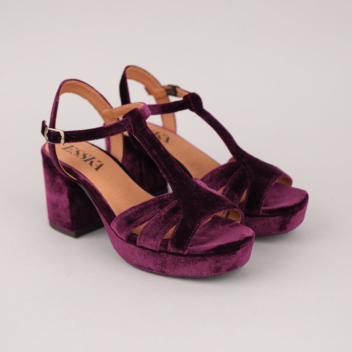 Charlie Velvet Aubergine Mid Sandal by Esska Shoes Ltd