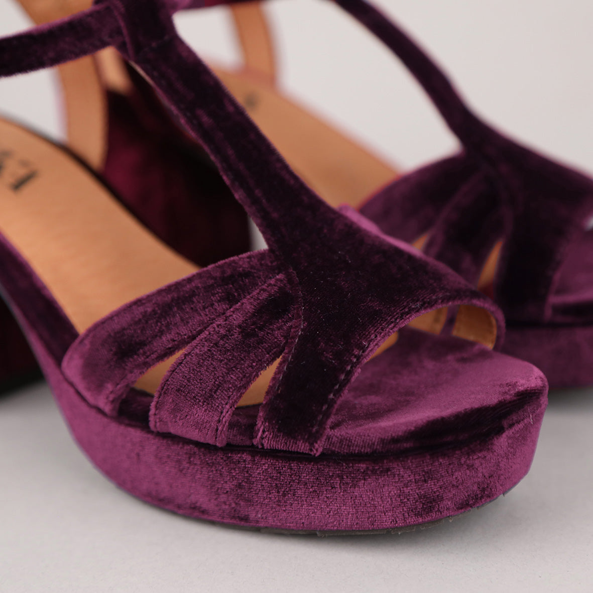 Charlie Velvet Aubergine Mid Sandal by Esska Shoes Ltd