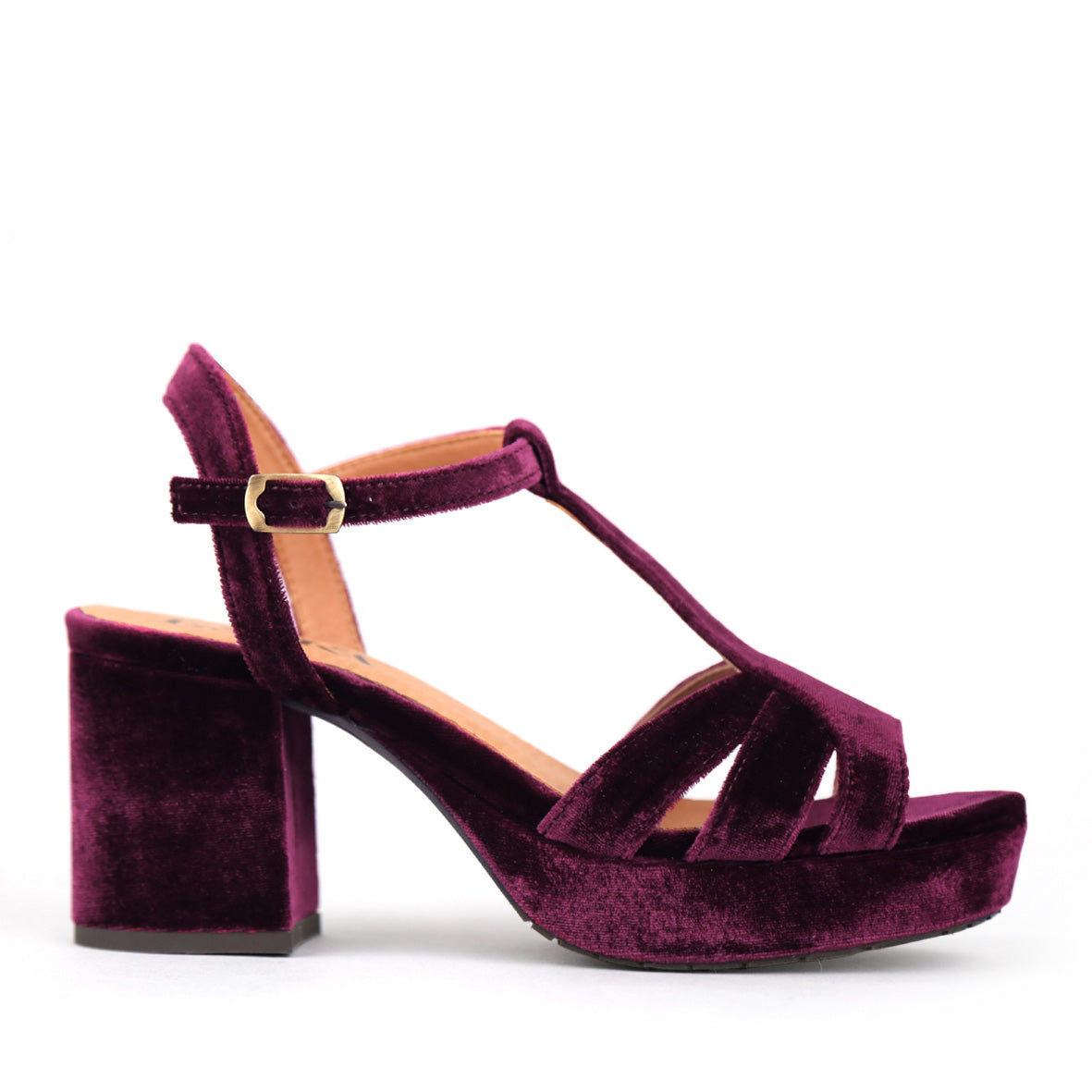 Charlie Velvet Aubergine Mid Sandal by Esska Shoes Ltd