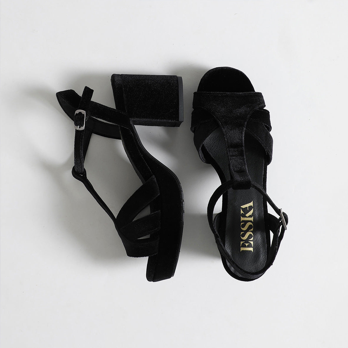Charlie Narrow Velvet Black Mid Sandal by Esska