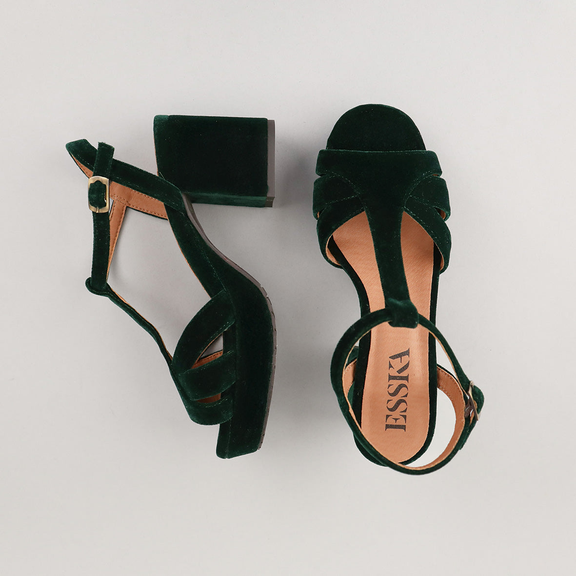 Charlie Velvet Dark Green Mid Sandal by Esska Shoes Ltd