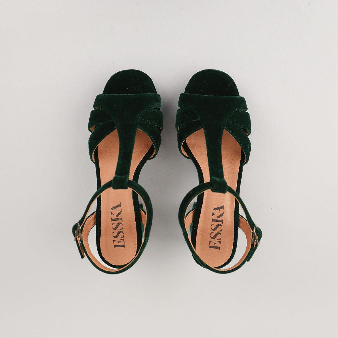 Charlie Velvet Dark Green Mid Sandal by Esska Shoes Ltd