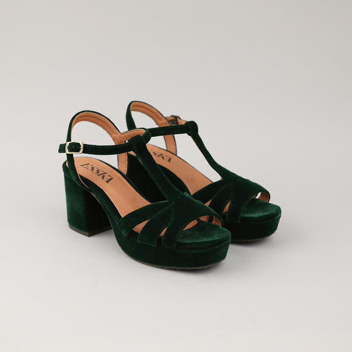 Charlie Velvet Dark Green Mid Sandal by Esska Shoes Ltd