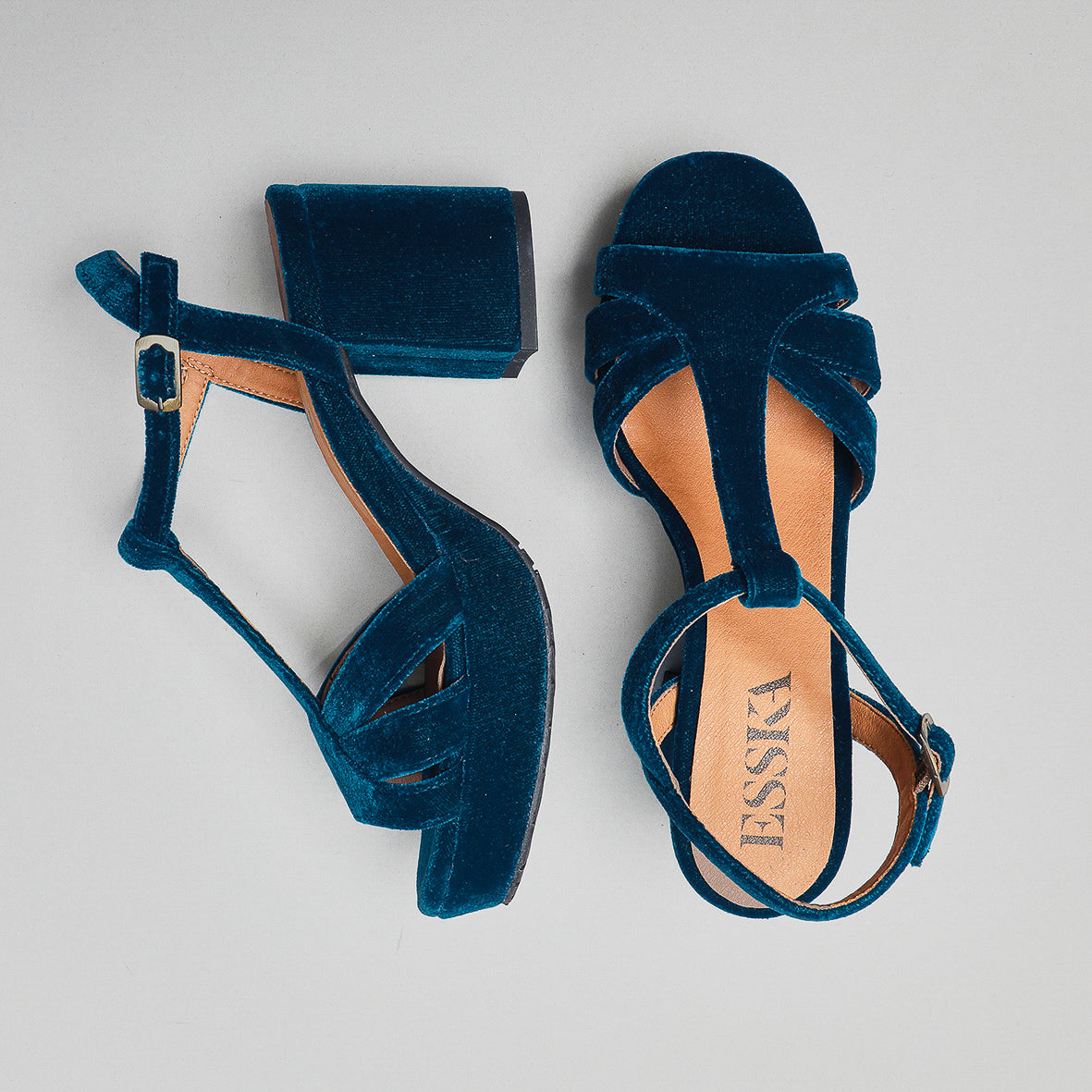 Charlie WIDE Velvet Duck Blue Mid Sandal by Esska Shoes Ltd