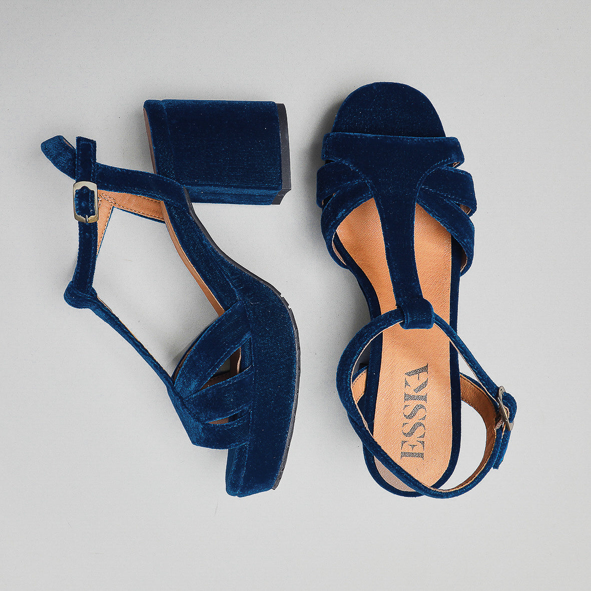 Charlie WIDE Velvet Duck Blue Mid Sandal by Esska Shoes Ltd