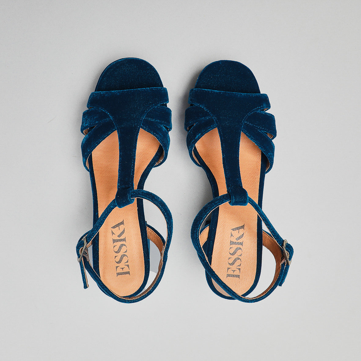 Charlie WIDE Velvet Duck Blue Mid Sandal by Esska Shoes Ltd