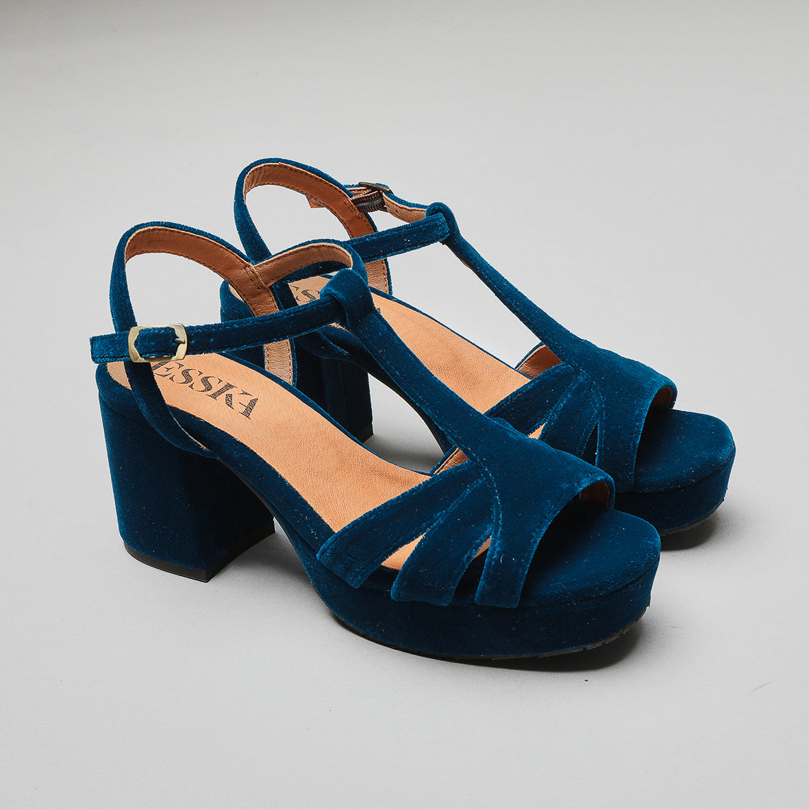 Charlie WIDE Velvet Duck Blue Mid Sandal by Esska Shoes Ltd