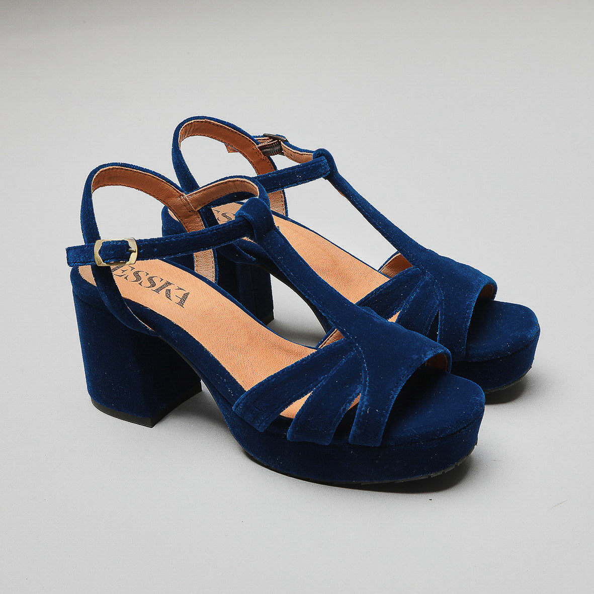Charlie WIDE Velvet Duck Blue Mid Sandal by Esska Shoes Ltd