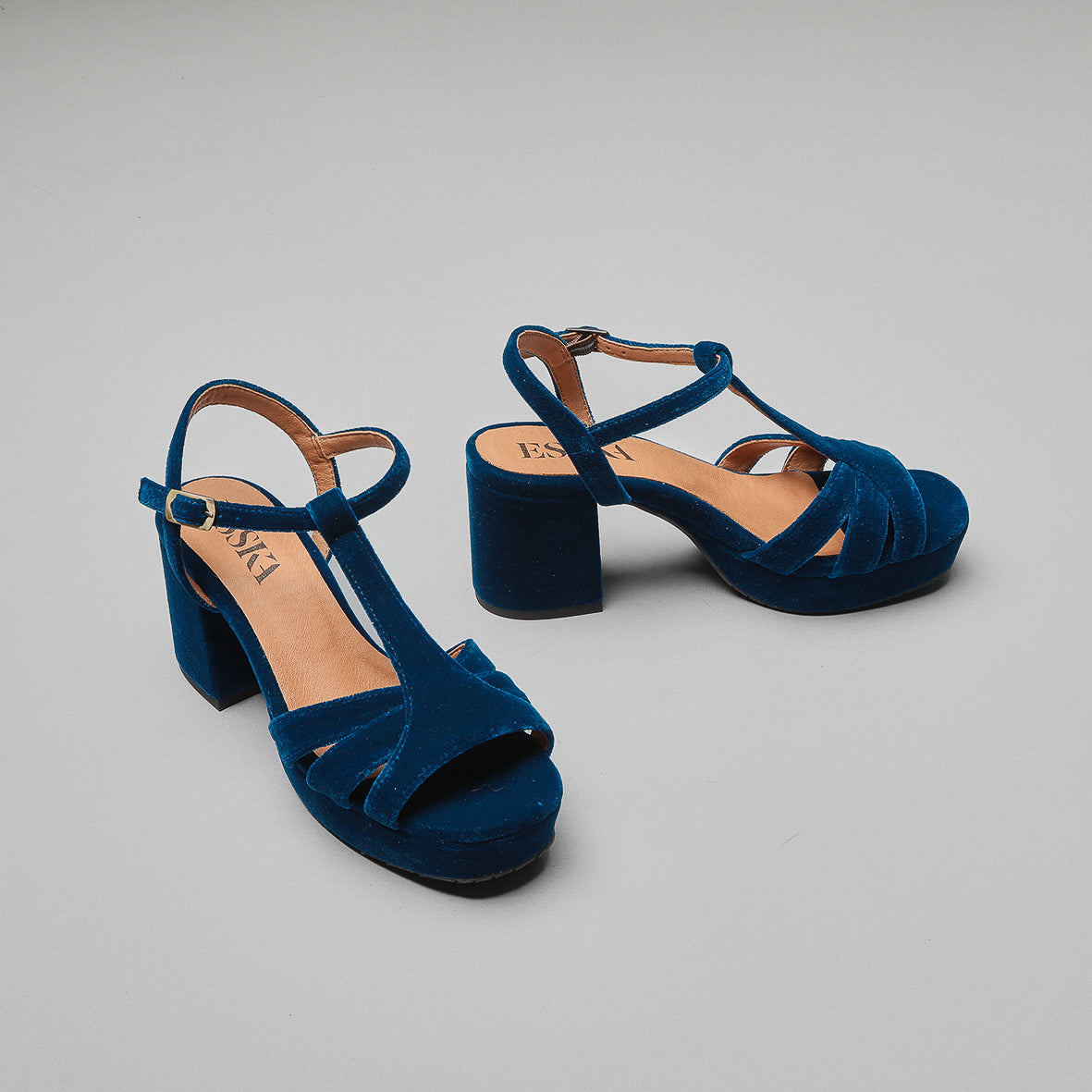 Charlie WIDE Velvet Duck Blue Mid Sandal by Esska Shoes Ltd