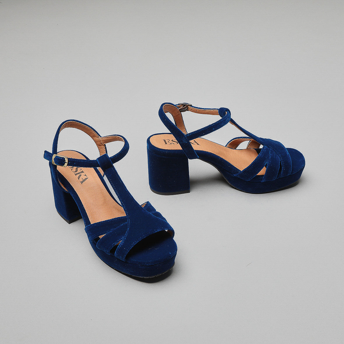 Charlie WIDE Velvet Duck Blue Mid Sandal by Esska Shoes Ltd