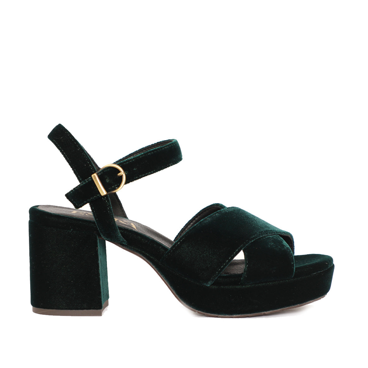 Clara Velvet Dark Green Mid Sandal by Esska Shoes Ltd