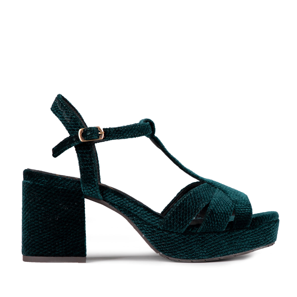 Charlie Velvet Teal Mid Heel T Bar Sandal