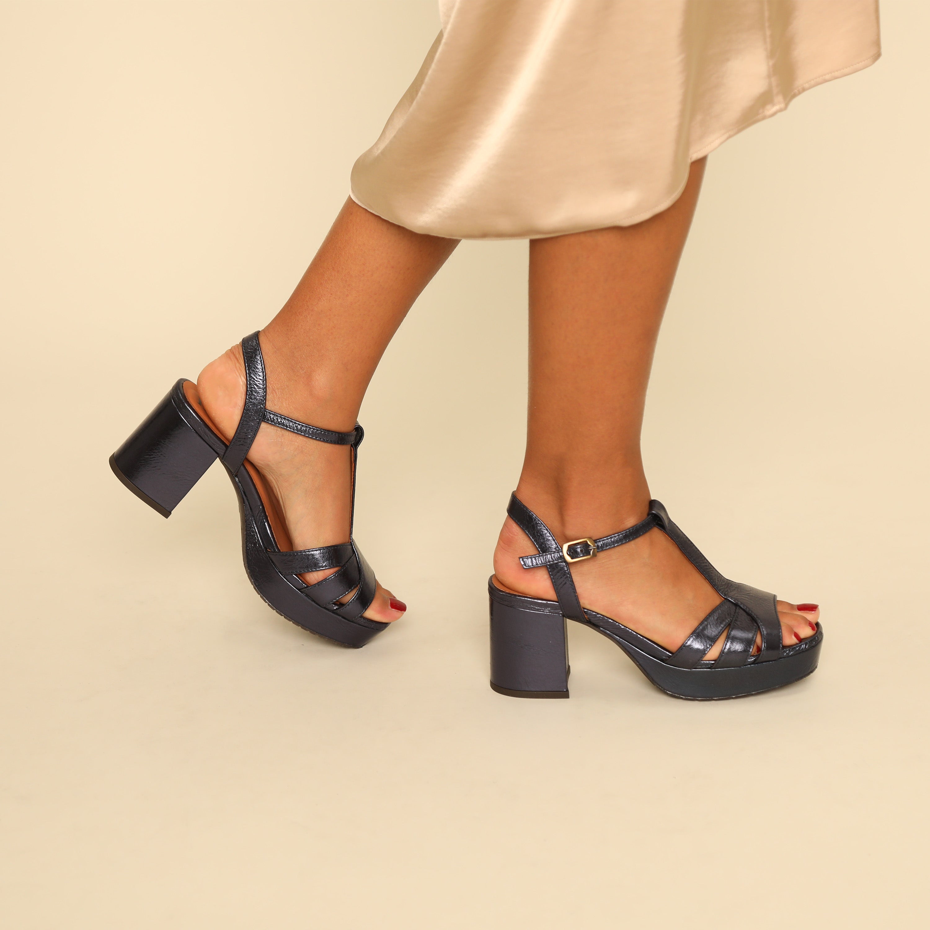 Charlie WIDE Metallic Navy AW Mid Sandal by Esska