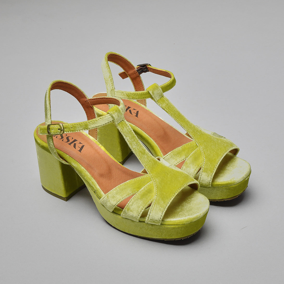 Charlie Velvet Lime Mid Sandal by Esska Shoes Ltd