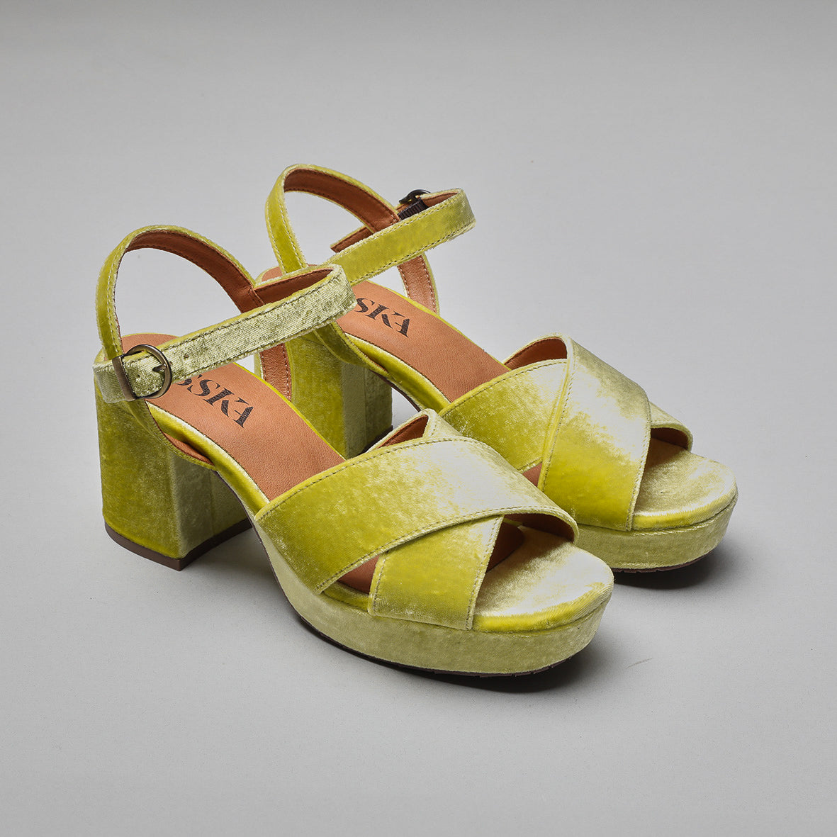 Clara Velvet Lime Mid Sandal by Esska Shoes Ltd