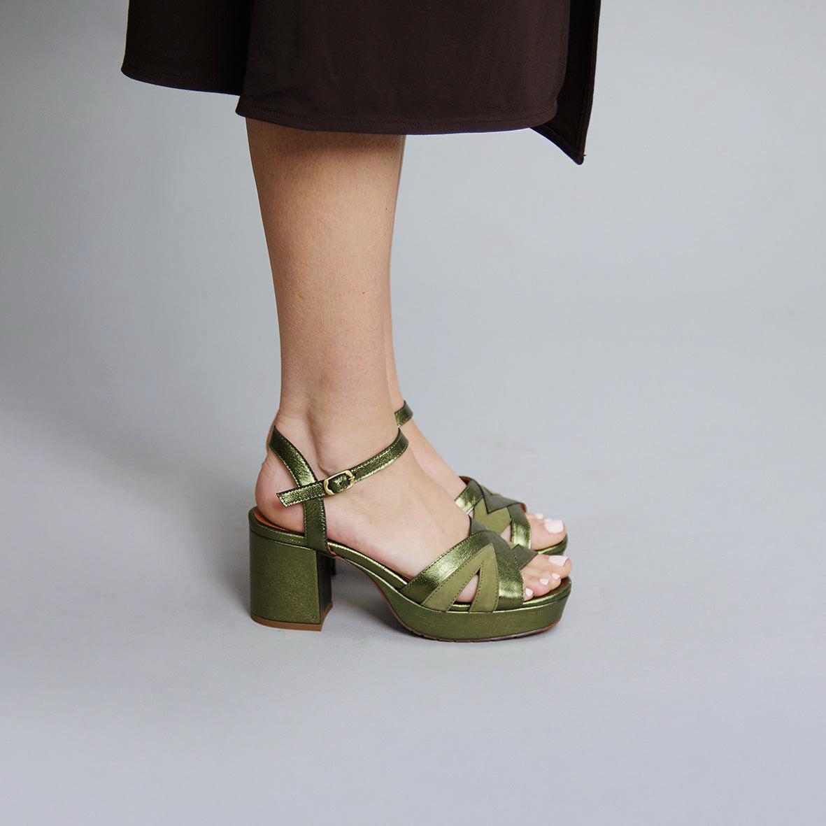 Cleo Metallic Green Mid Sandal by Esska