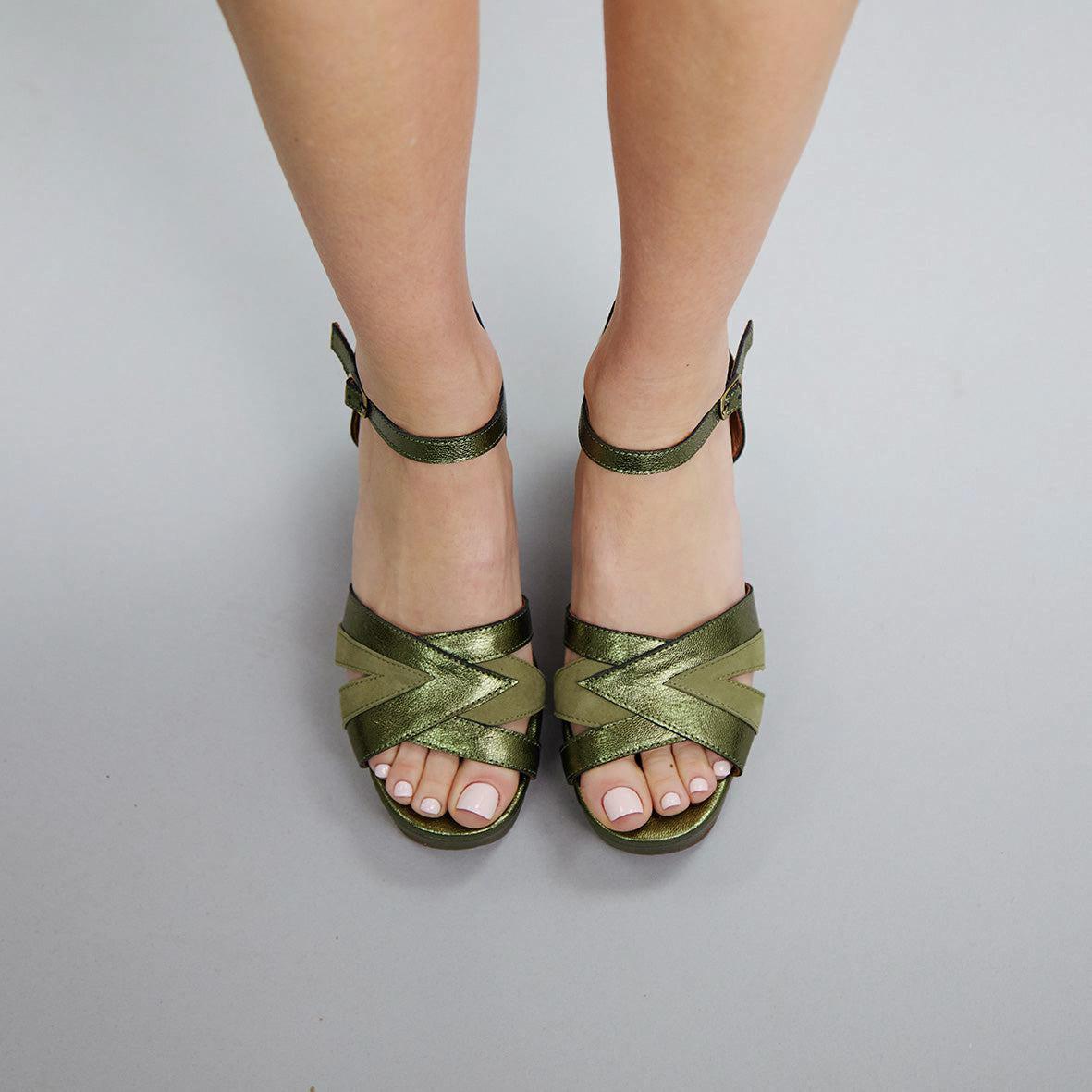 Cleo Metallic Green Mid Sandal by Esska
