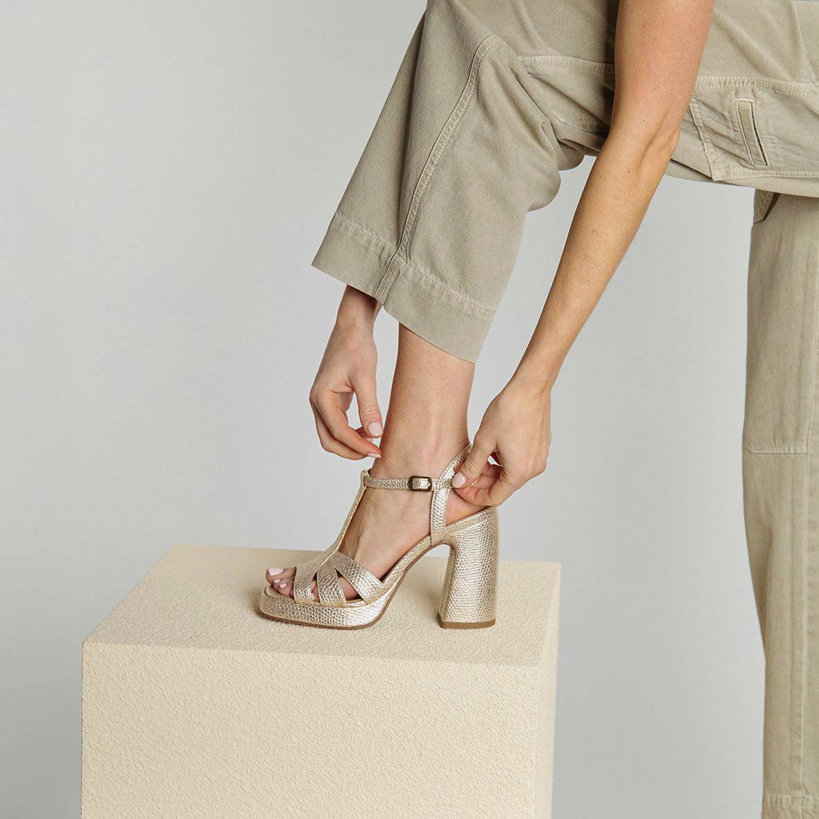 Gaia Vegan Embossed Platinum High Sandal by Esska
