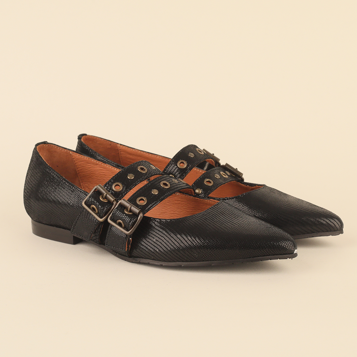 Harper Metallic Black Flat Shoe by Esska Shoes Ltd
