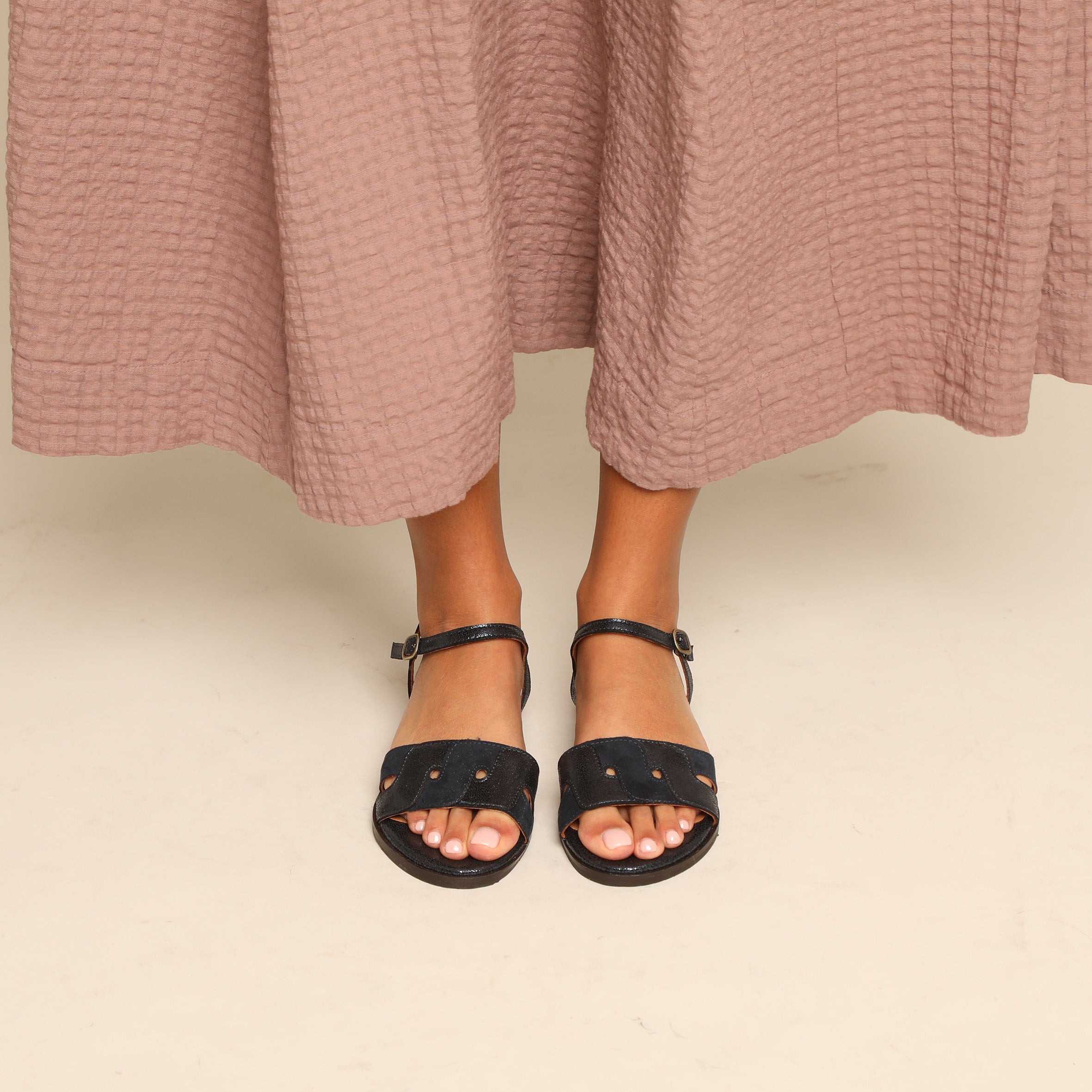 Nova Vegan Metallic Navy Flat Sandal by Esska