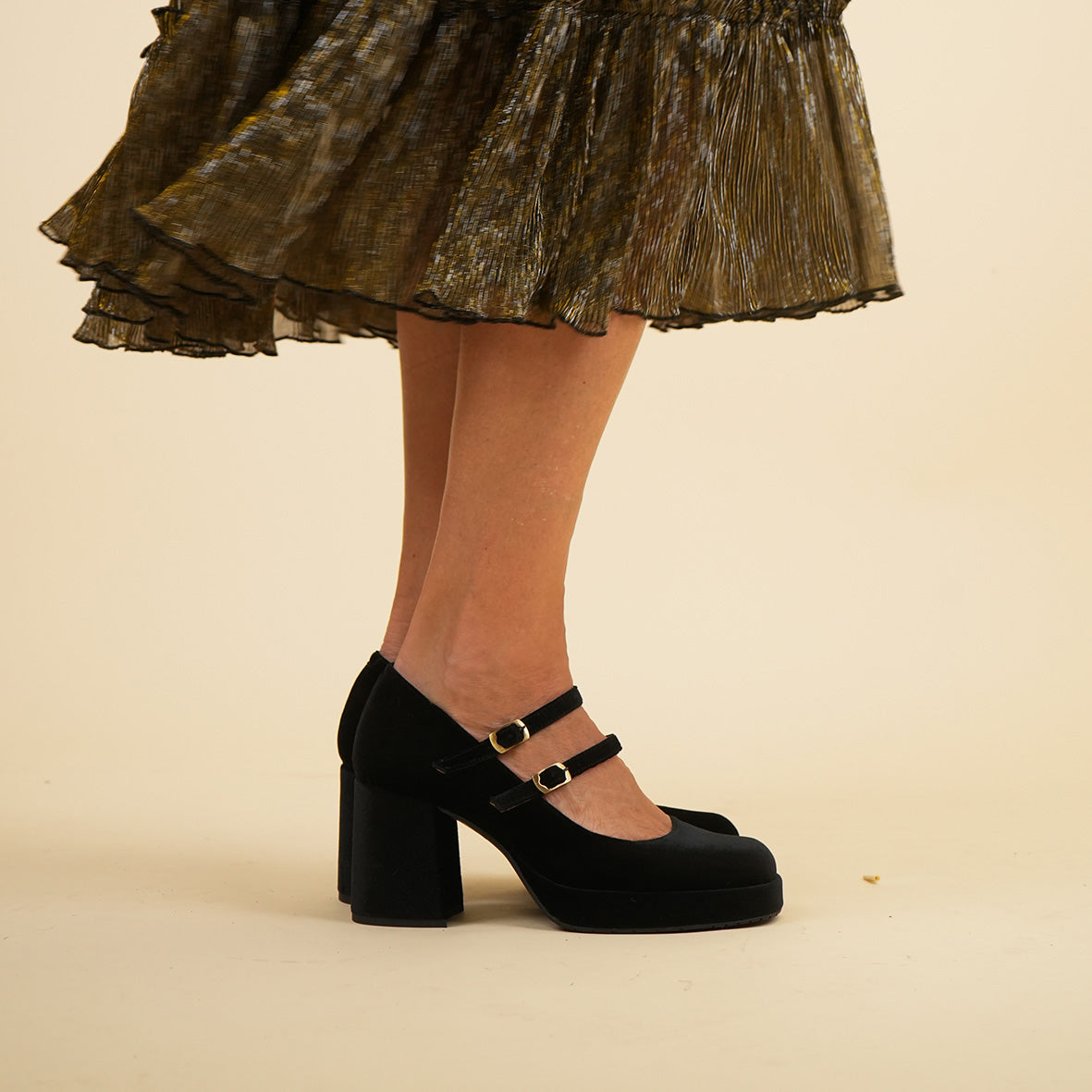 Sienna Vegan Velvet Black Mid Shoe by Esska