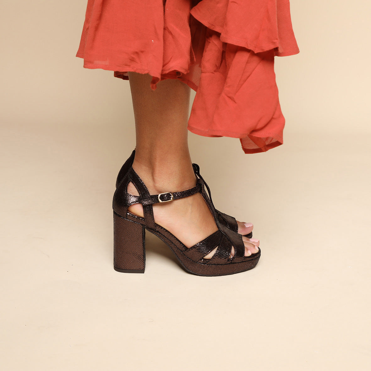 Valerie WIDE Metallic Dark Brown High Sandal by Esska