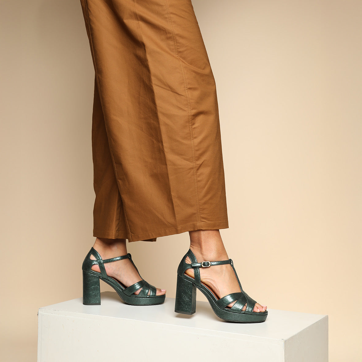 Valerie WIDE Metallic Green High Sandal by Esska