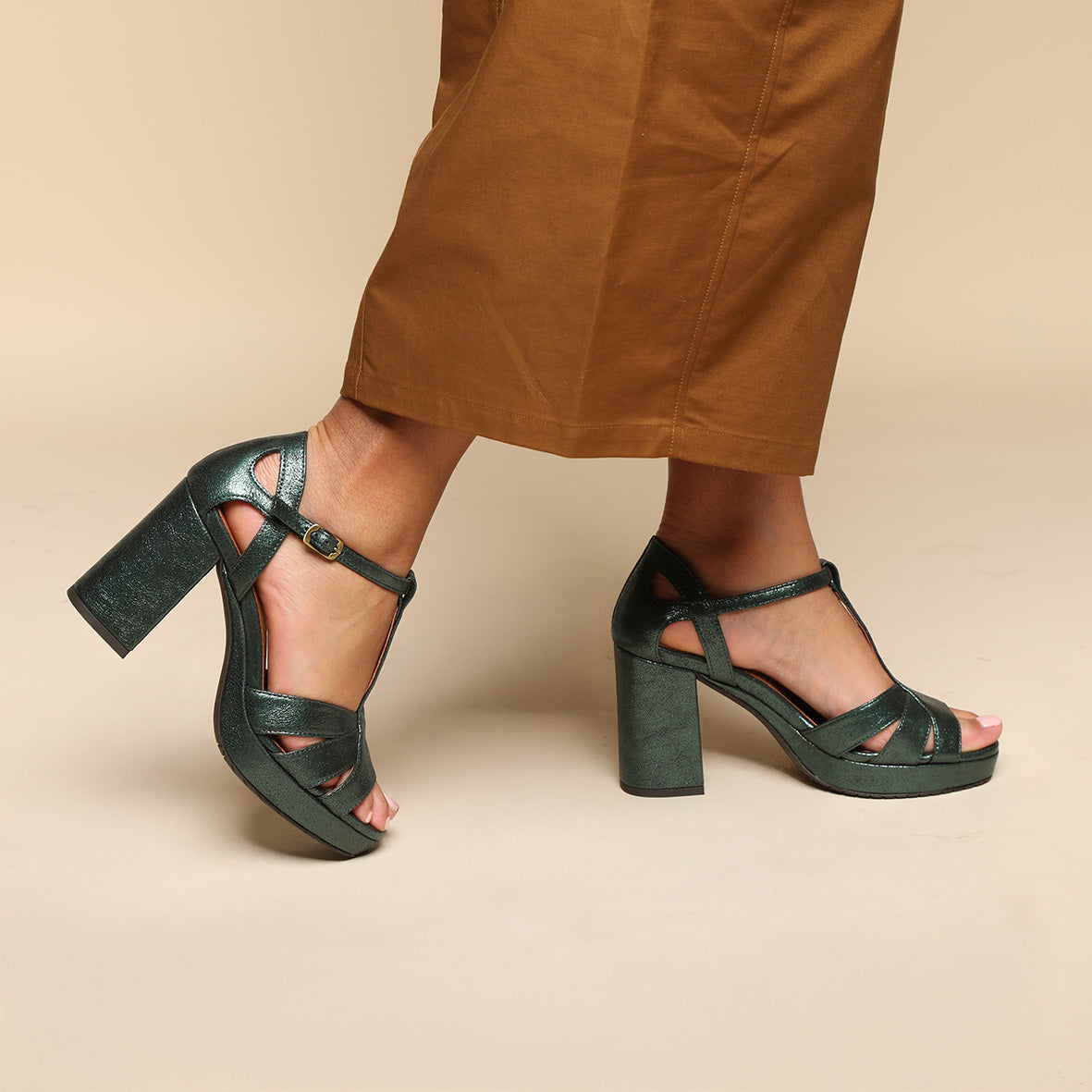Valerie WIDE Metallic Green High Sandal by Esska