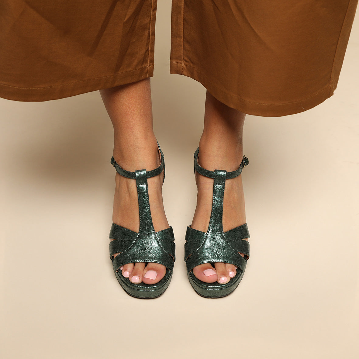 Valerie WIDE Metallic Green High Sandal by Esska