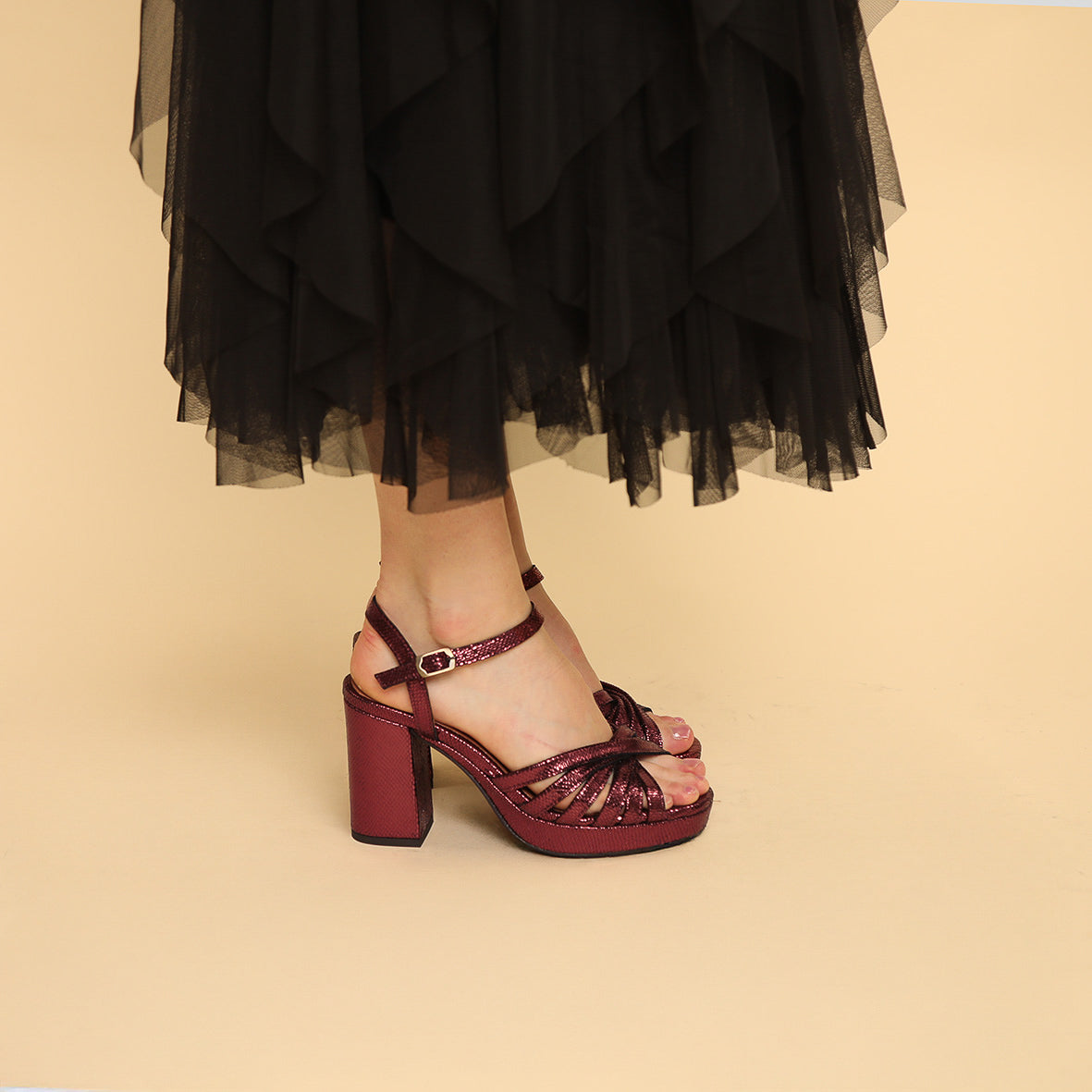 Veronica Metallic Burgundy High Sandal by Esska