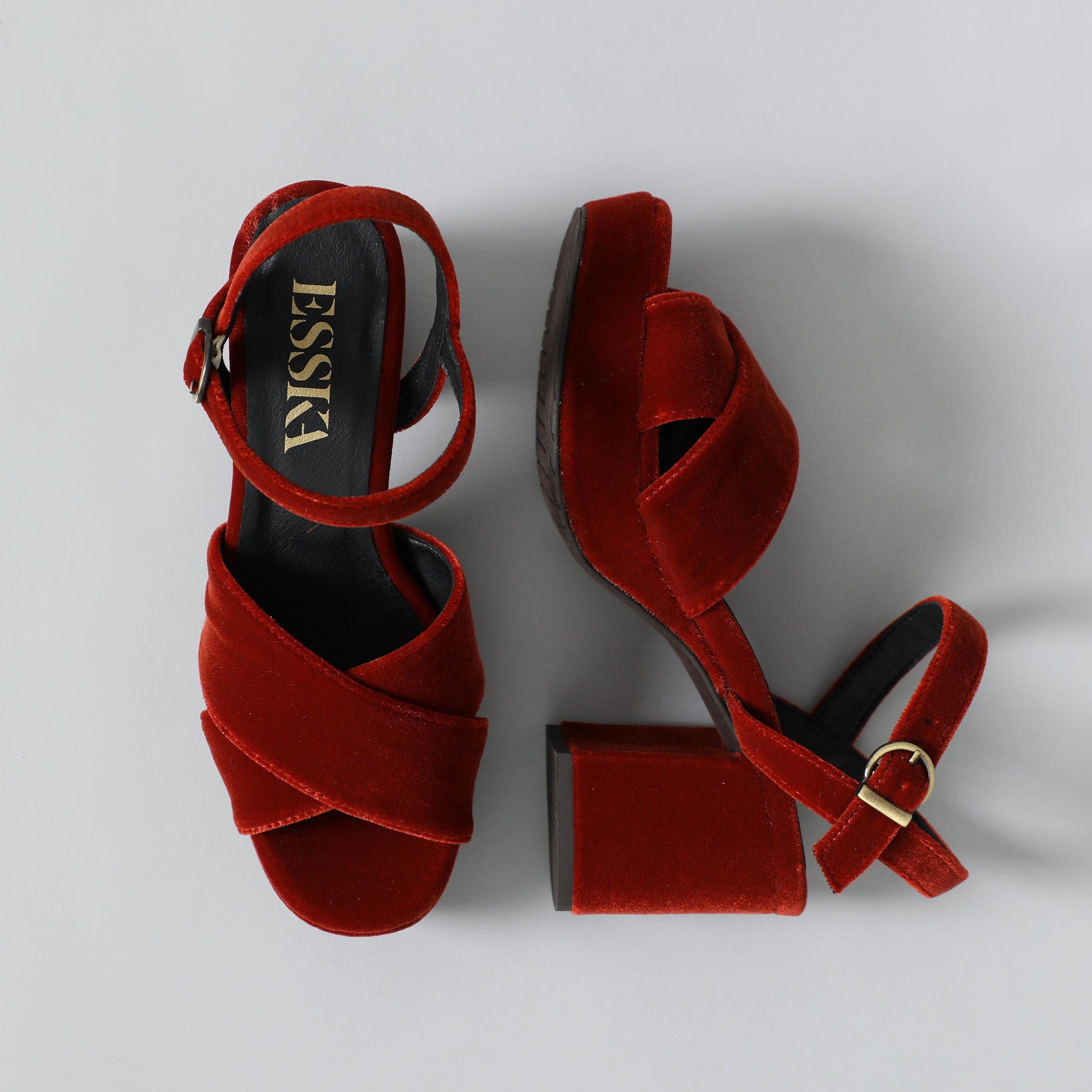 Clara Velvet Burnt Orange Mid Sandal by Esska Shoes Ltd