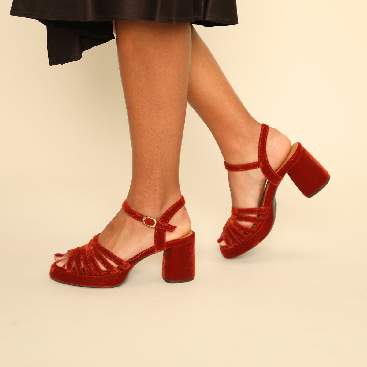 Angie Velvet Burnt Orange Mid Sandal by Esska