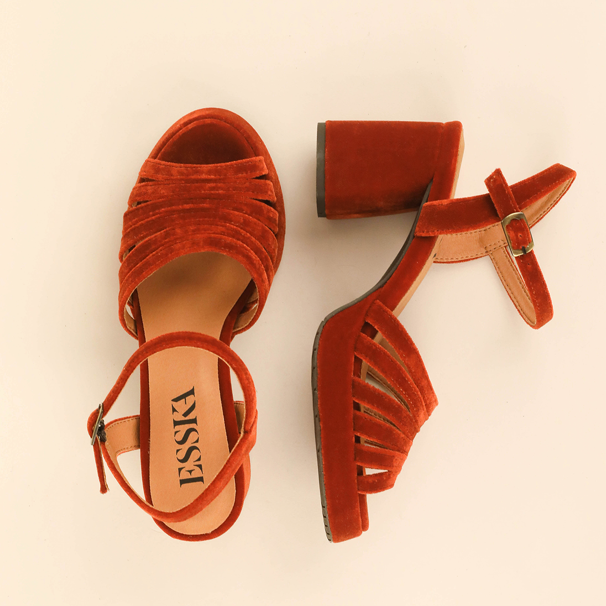 Angie Velvet Burnt Orange Mid Sandal by Esska