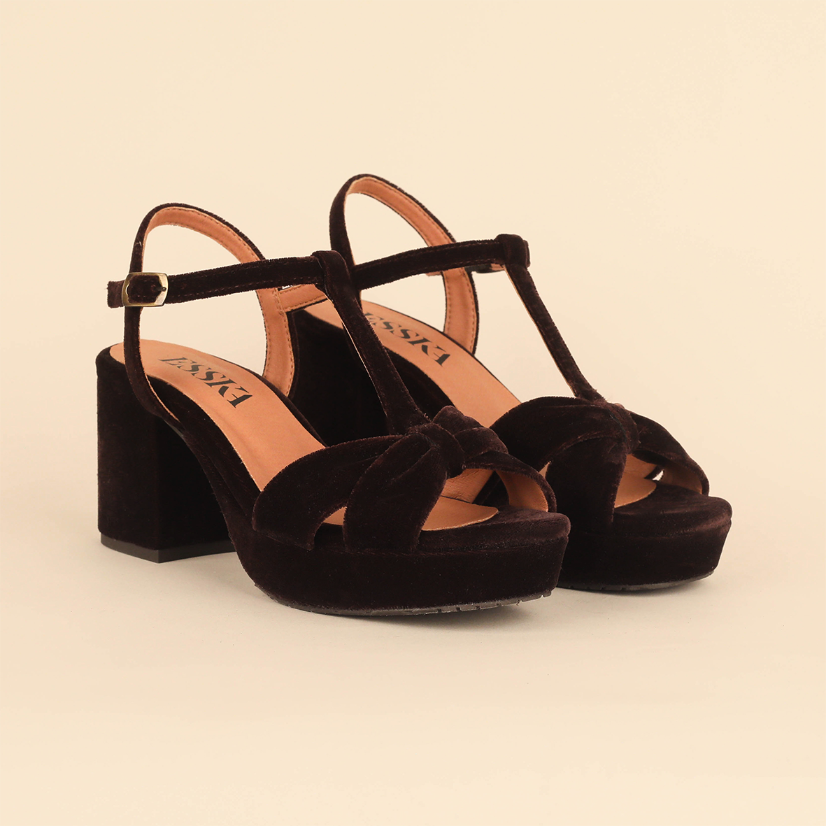 Celia Velvet Dark Brown Mid Sandal by Esska