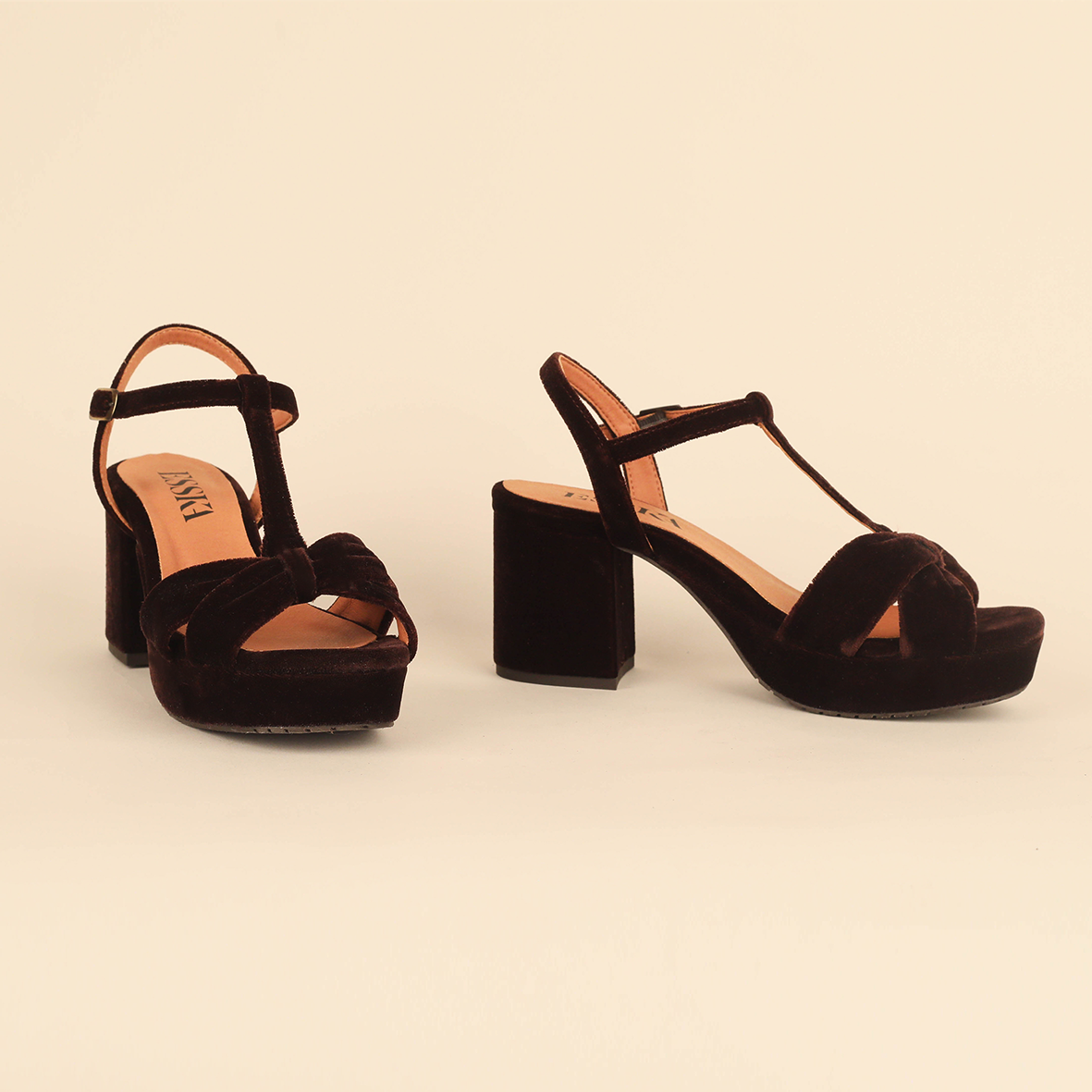 Celia Velvet Dark Brown Mid Sandal by Esska