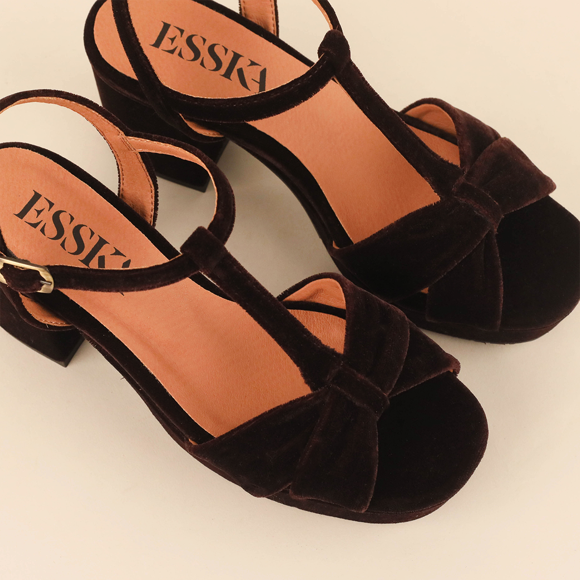 Celia Velvet Dark Brown Mid Sandal by Esska